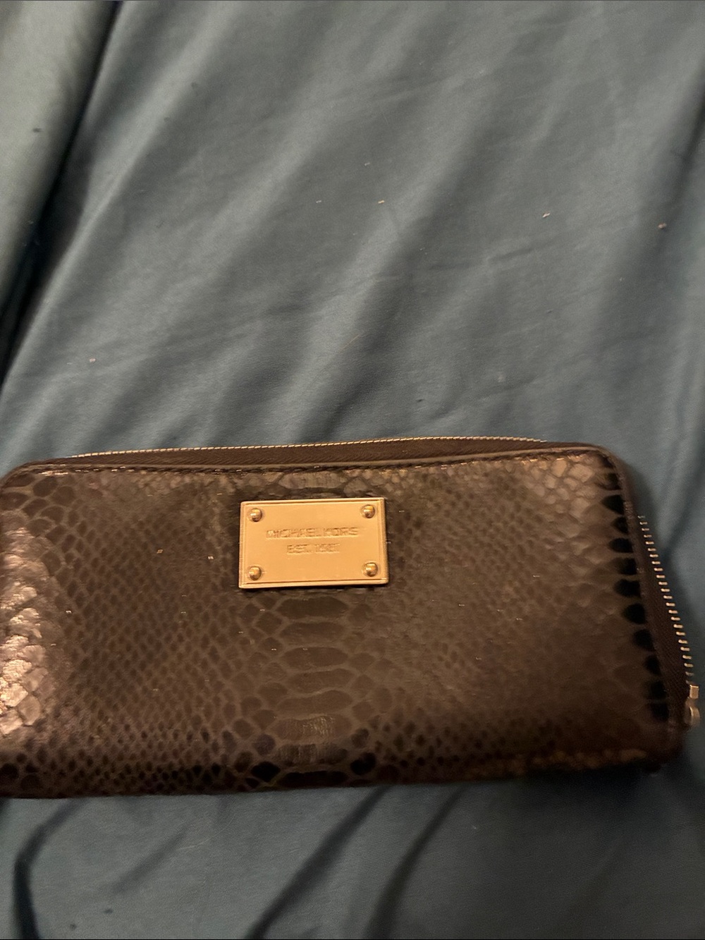 Michael Kors Black Snake-Embossed Zip-Around Wallet with Gold Plaque